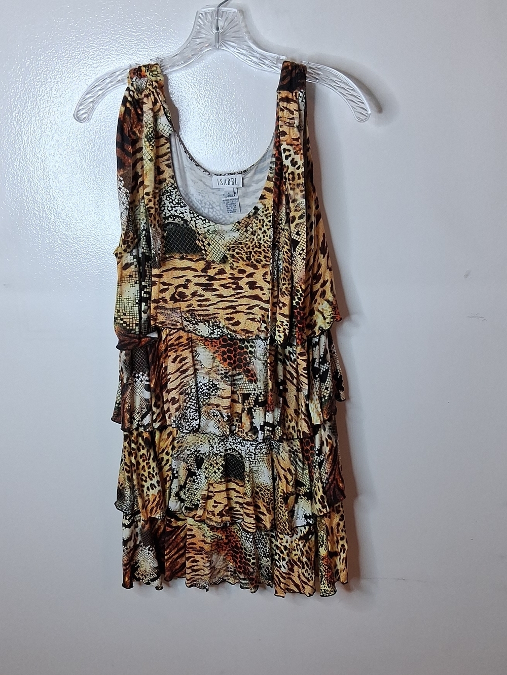 ISABEL Women's Size Large Animal Print Tiered Ruffle Dress in Multi Brown